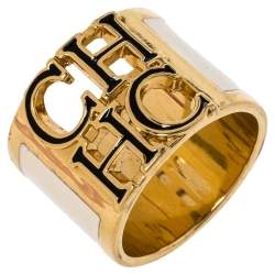 Pre Owned CH Carolina Herrera Cream Enamel Wide Band Ring Size EU 56
