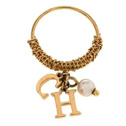 CH Carolina Herrera Gold Tone Logo Charms Ring Size EU 50.5