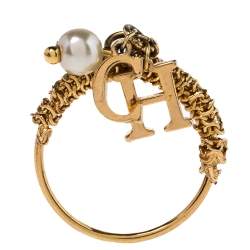 CH Carolina Herrera Gold Tone Logo Charms Ring Size EU 50.5