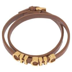 Pre Owned Carolina Herrera Brown Leather CH Logo Double Tour Bracelet