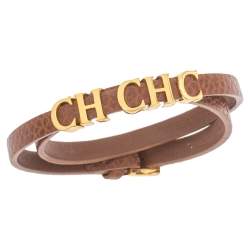 Pre Owned Carolina Herrera Brown Leather CH Logo Double Tour Bracelet
