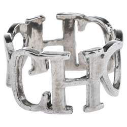 Pre Owned Carolina Herrera Logo & Heart Silver Tone Band Ring Size EU 56