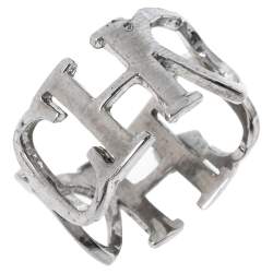 Pre Owned Carolina Herrera Logo & Heart Silver Tone Band Ring Size EU 56