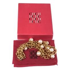 Pre Owned Carolina Herrera Faux Pearl Long Chain Link Necklace