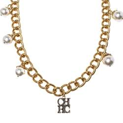 Pre Owned Carolina Herrera Faux Pearl Long Chain Link Necklace