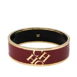 Pre Owned CH Carolina Herrera Red Enamel Gold Tone Wide Bangle Bracelet