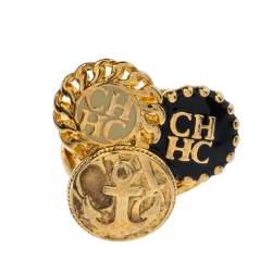 Pre Owned CH Carolina Herrera Enamel Gold Tone Ring Size 54.5
