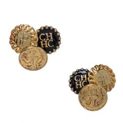Pre Owned   CH Carolina Herrera Gold Tone Enamel Logo Stud Earrings