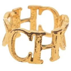 Pre Owned CH Carolina Herrera Logo Heart Gold Tone Band Ring