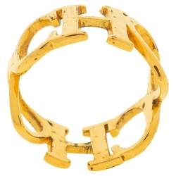 Pre Owned CH Carolina Herrera Logo Heart Gold Tone Band Ring