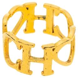 Pre Owned CH Carolina Herrera Logo Heart Gold Tone Band Ring