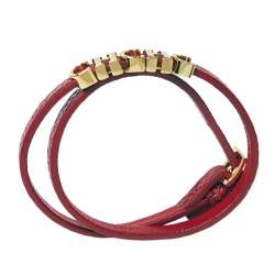 Pre Owned Carolina Herrera CH Logo Red Leather Gold Tone Double Wrap Bracelet