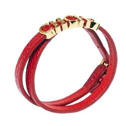 Pre Owned Carolina Herrera CH Logo Red Leather Gold Tone Double Wrap Bracelet