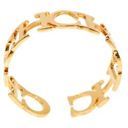 Pre Owned CH Carolina Herrera Logo Gold Tone Open Cuff Bracelet