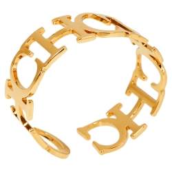 Pre Owned CH Carolina Herrera Logo Gold Tone Open Cuff Bracelet