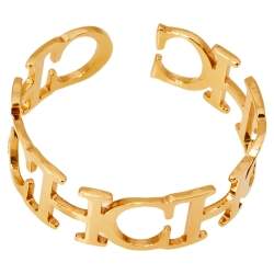 Pre Owned CH Carolina Herrera Logo Gold Tone Open Cuff Bracelet