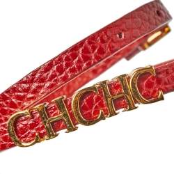 Pre Owned Carolina Herrera CH Logo Gold Tone Red Leather Double Wrap Bracelet