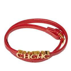 Pre Owned Carolina Herrera CH Logo Gold Tone Red Leather Double Wrap Bracelet