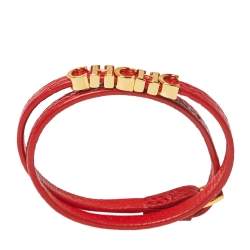 Pre Owned Carolina Herrera CH Logo Gold Tone Red Leather Double Wrap Bracelet
