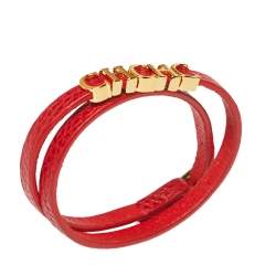 Pre Owned Carolina Herrera CH Logo Gold Tone Red Leather Double Wrap Bracelet