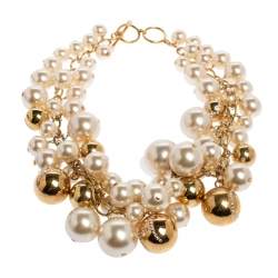 Pre Owned CH Carolina Herrera Crystal Metal Bead and Faux Pearl Cluster Toggle Necklace
