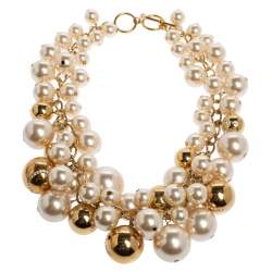 Pre Owned CH Carolina Herrera Crystal Metal Bead and Faux Pearl Cluster Toggle Necklace