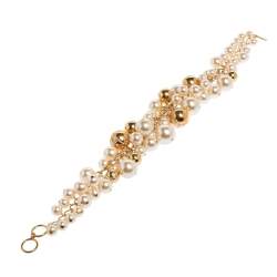 Pre Owned CH Carolina Herrera Crystal Metal Bead and Faux Pearl Cluster Toggle Necklace