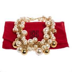 Pre Owned CH Carolina Herrera Crystal Metal Bead and Faux Pearl Cluster Toggle Necklace