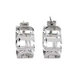 Pre Owned CH Carolina Herrera Logo Silver Tone Hoop Earrings
