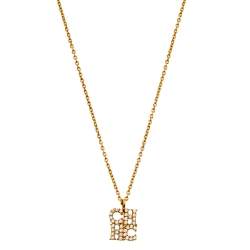 Pre Owned CH Carolina Herrera Crystal Logo Pendant Gold Tone Necklace