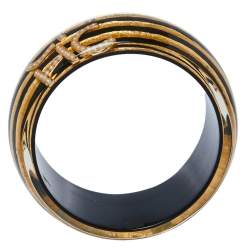 Pre Owned CH Carolina Herrera Faux Pearl Black and Gold Tone Resin Wide Bangle
