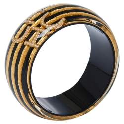 Pre Owned CH Carolina Herrera Faux Pearl Black and Gold Tone Resin Wide Bangle
