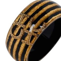 Pre Owned CH Carolina Herrera Faux Pearl Black and Gold Tone Resin Wide Bangle