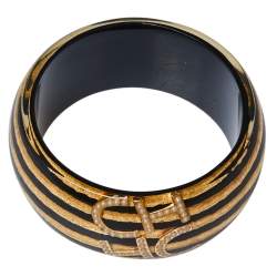 Pre Owned CH Carolina Herrera Faux Pearl Black and Gold Tone Resin Wide Bangle