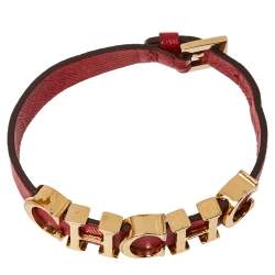 Pre Owned CH Carolina Herrera Red Leather Gold Tone Logo Charm Bracelet