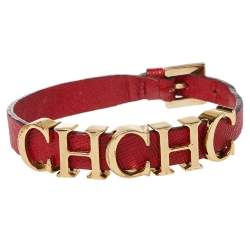Pre Owned CH Carolina Herrera Red Leather Gold Tone Logo Charm Bracelet