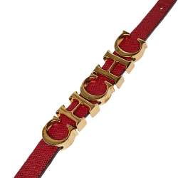 Pre Owned CH Carolina Herrera Red Leather Gold Tone Logo Charm Bracelet