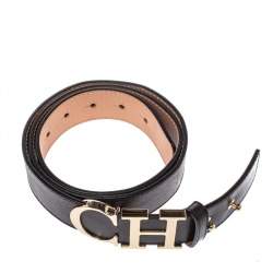 Pre Owned Carolina Herrera Black Leather CH Buckle Belt 95 CM