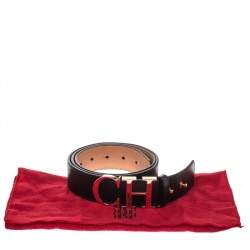 Pre Owned Carolina Herrera Black Leather CH Buckle Belt 95 CM