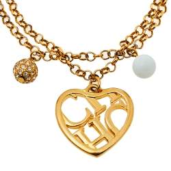 Pre Owned CH Carolina Herrera Logo Heart Charm Double Chain Bracelet