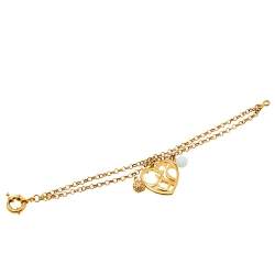 Pre Owned CH Carolina Herrera Logo Heart Charm Double Chain Bracelet