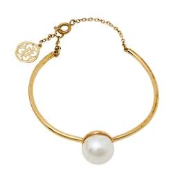 Pre Owned CH Carolina Herrera Faux Pearl Gold Tone Cuff Bracelet