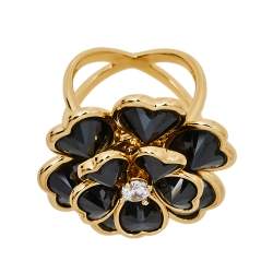Pre Owned CH Carolina Herrera Black Floral Crystal Cocktail Ring Size EU 56