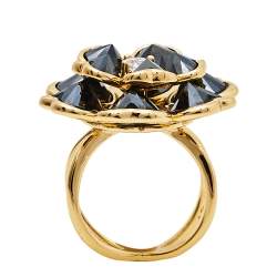 Pre Owned CH Carolina Herrera Black Floral Crystal Cocktail Ring Size EU 56
