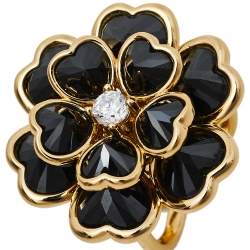 Pre Owned CH Carolina Herrera Black Floral Crystal Cocktail Ring Size EU 56