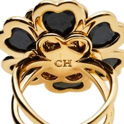 Pre Owned CH Carolina Herrera Black Floral Crystal Cocktail Ring Size EU 56