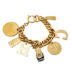 Pre Owned Carolina Herrera Enameled Russian Doll Charm Gold Tone Bracelet