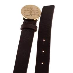 Pre Owned Carolina Herrera Dark Brown Leather Round Logo Buckle Belt 80CM