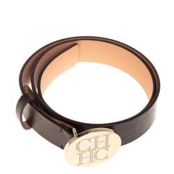 Pre Owned Carolina Herrera Dark Brown Leather Round Logo Buckle Belt 80CM
