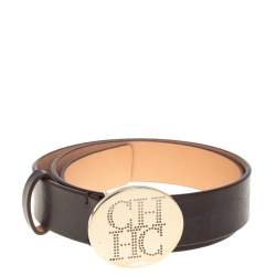 Pre Owned Carolina Herrera Dark Brown Leather Round Logo Buckle Belt 80CM